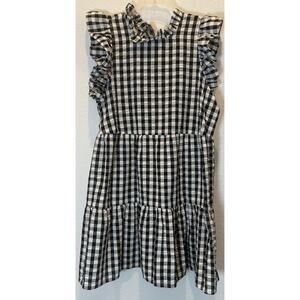 Mud Pie Black and White Checkered Dress Ruffled Keyhole Neck and Sleeves Size L